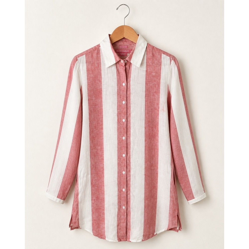 Island Company Gentleman Shirt Women Small Pink White Stripe Linen Lagenlook Top